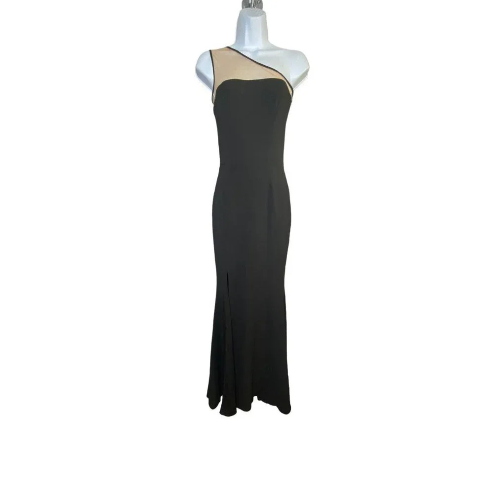 Dress The Population Womens One‎ Shoulder Long Evening Dress Mesh Raelyn Black